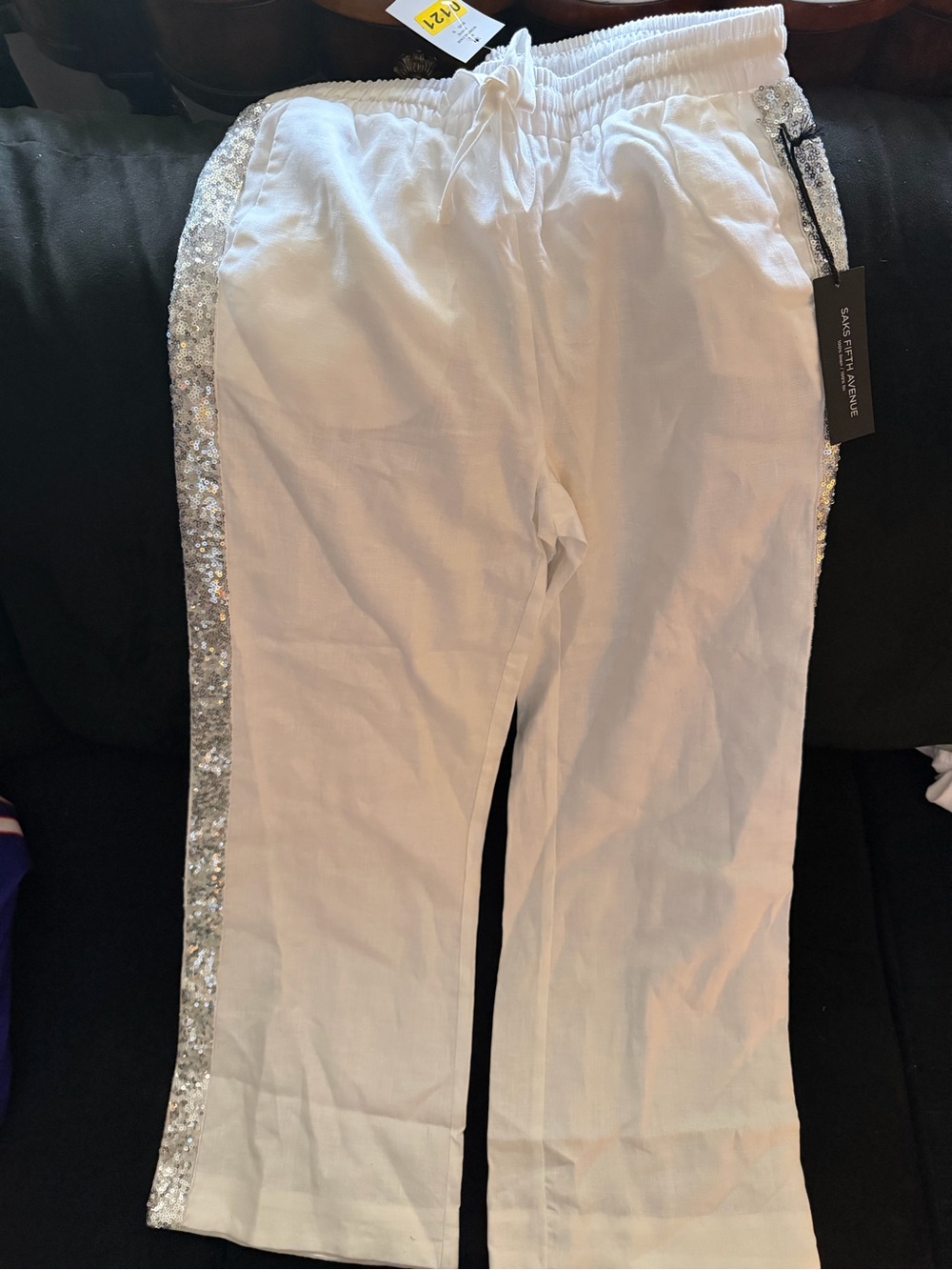 Saks Fifth Avenue White Wide-Leg Pants with Silver Sequin Side Trim